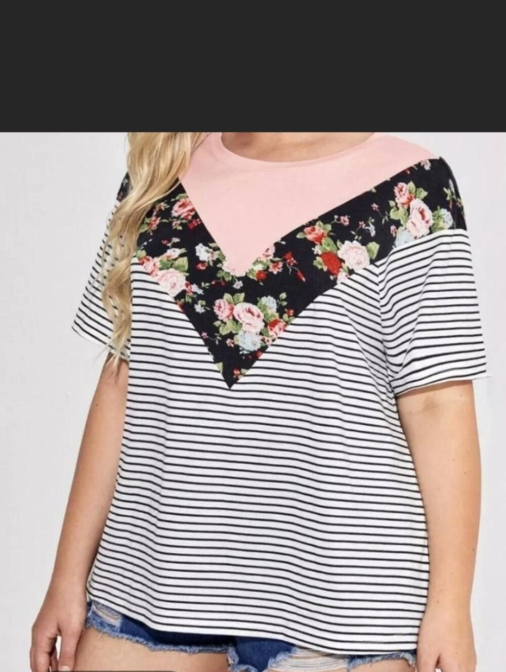 Shein Floral Chevron Stripe Tee - Pink/Black/White